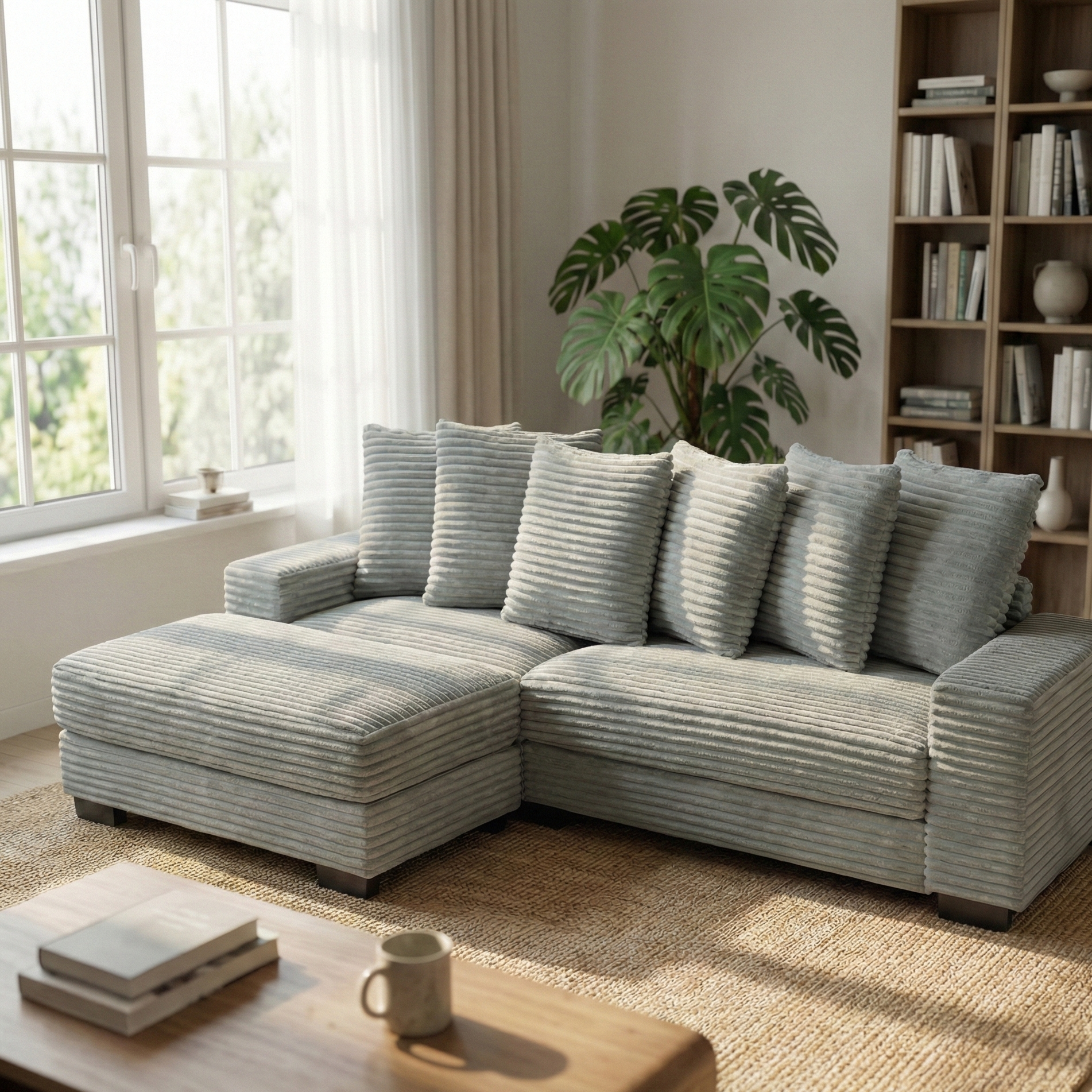 Canapé d'angle convertible en velours côtelé gris