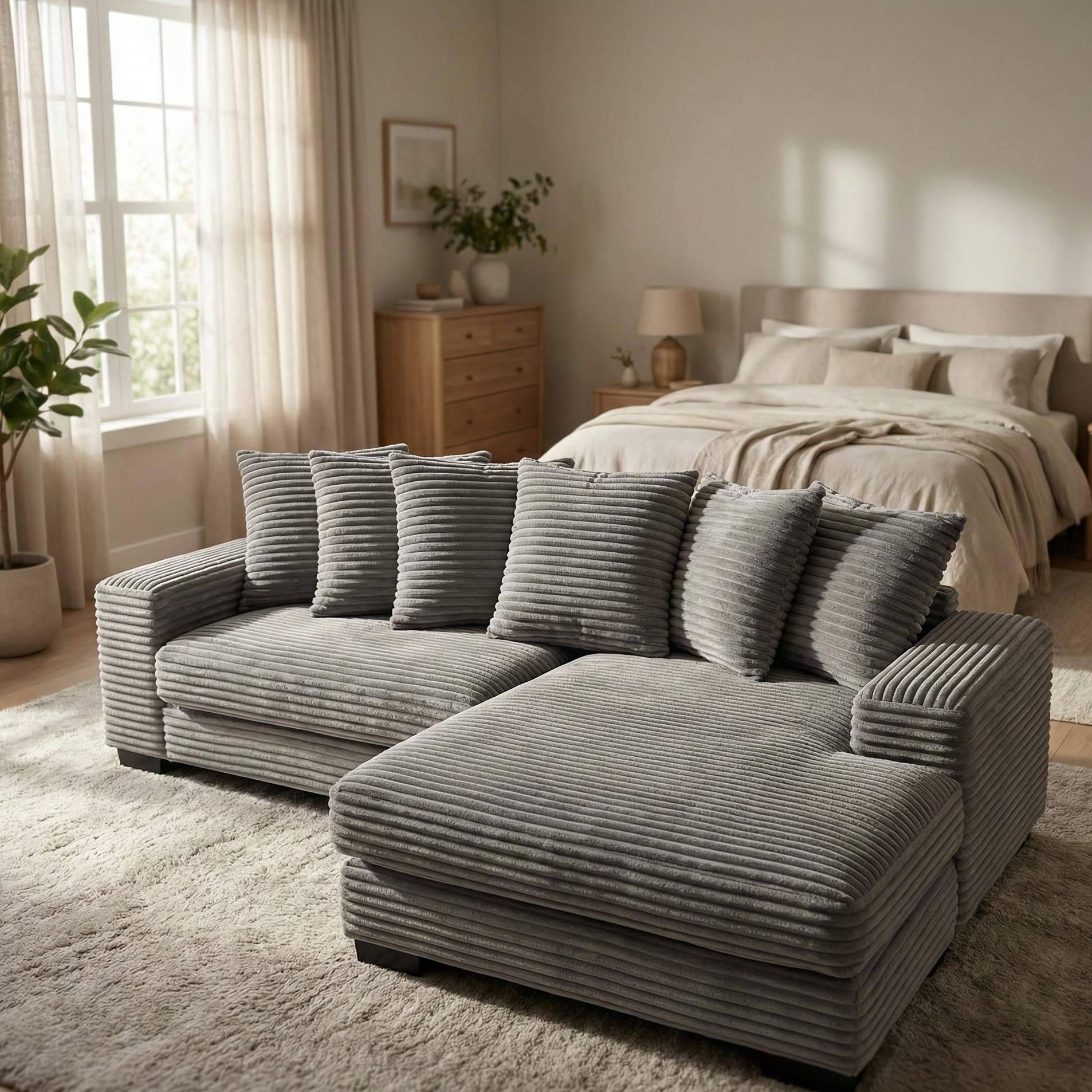 Canapé d'angle convertible en velours côtelé gris