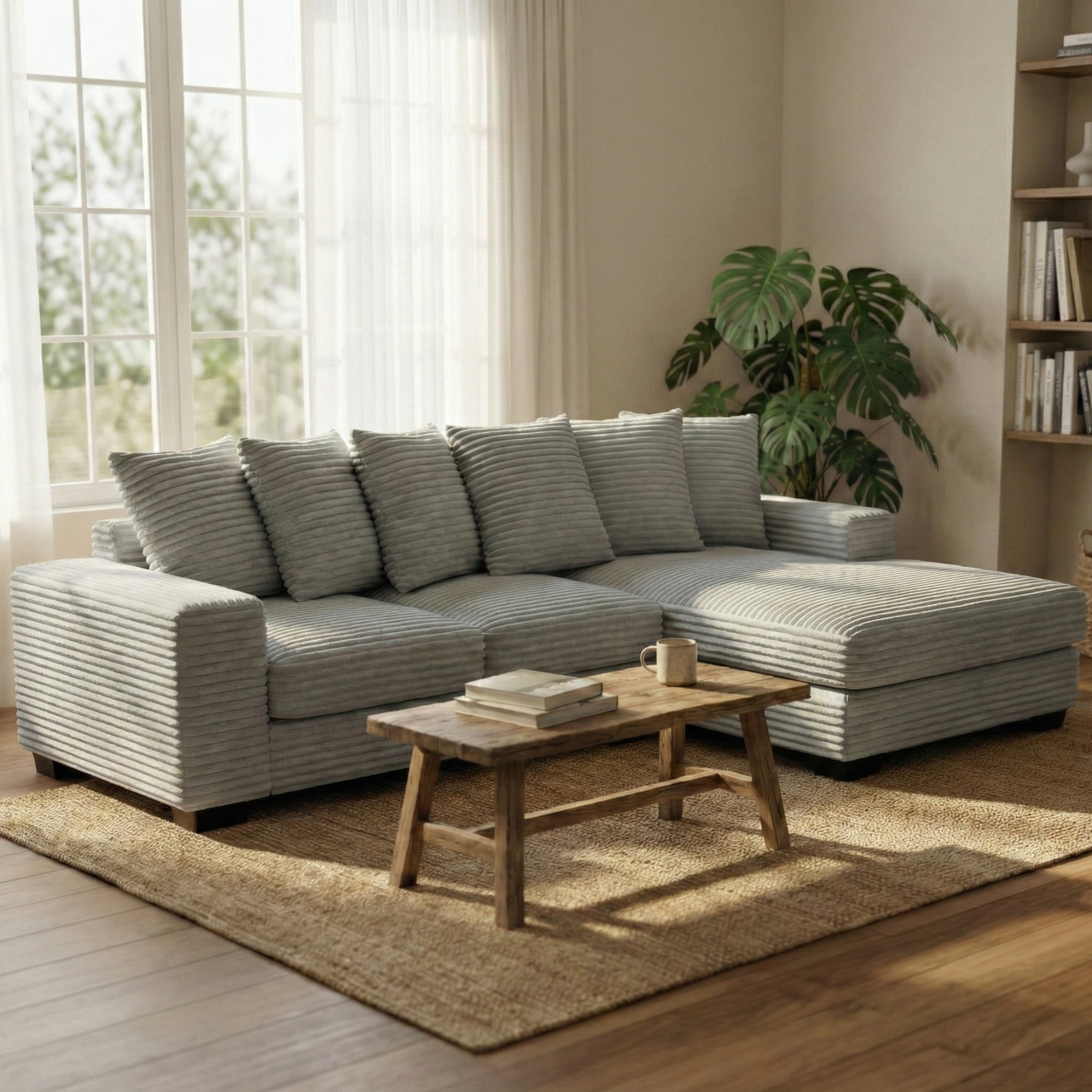 Canapé d'angle convertible en velours côtelé gris